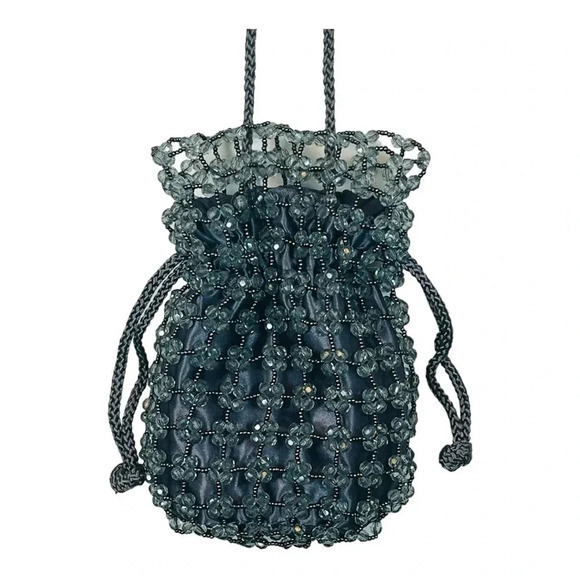 Beaded Silver Gray Cinched Evening‎ Bag Purse Shoulder Crossbody Sparkly - Picture 1 of 7